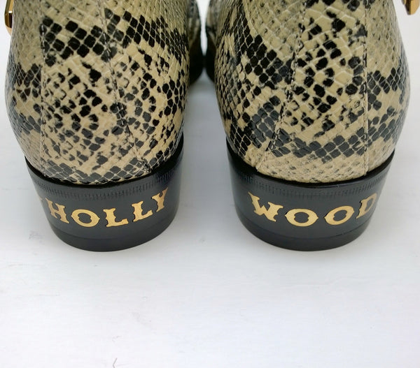 Gucci Python Print Leather Ankle Boots with Gold Logo Buckles Shoes Avana