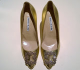 Manolo Blahnik Gold Leather Hangisi Rhinestone Buckle 90 Heels NIB Shoes