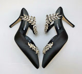 Manolo Blahnik Lurum 90 Black Satin Strass Rhinestone Heels Mules