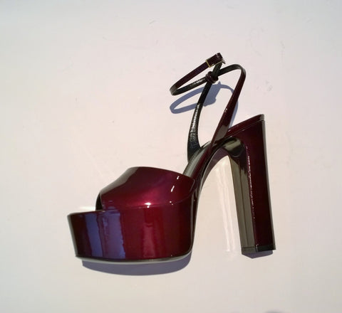 Saint Laurent Jodie Sparkling Burgundy Patent Platform Sandals Heels