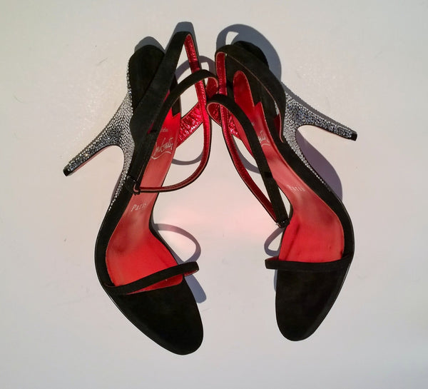 Christian Louboutin Arch Queen 100 Black Suede Rhinestone Sandals Heels