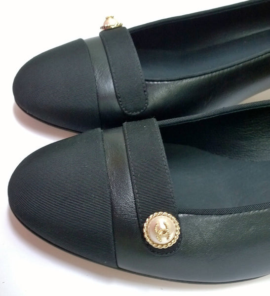 Chanel Black Leather and Grosgrain Block Heel Shoes with CC Pearl Detail