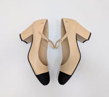Chanel Mary Jane Heels Beige and Black Grosgrain Cap Toe New in Box