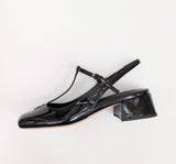 Miu Miu Black Patent Logo T-Strap Block Heels Slingback New in Box