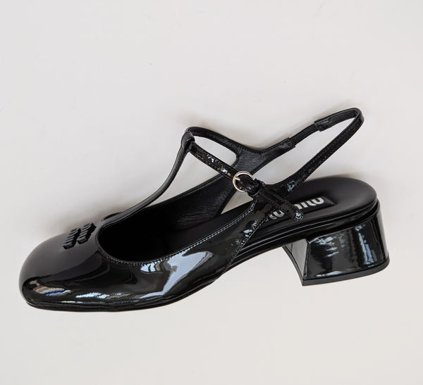 Miu Miu Black Patent Logo T-Strap Block Heels Slingback New in Box