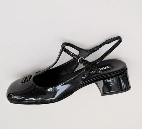 Miu Miu Black Patent Logo T-Strap Block Heels Slingback New in Box