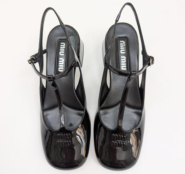 Miu Miu Black Patent Logo T-Strap Block Heels Slingback New in Box