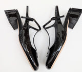 Miu Miu Black Patent Logo T-Strap Block Heels Slingback New in Box