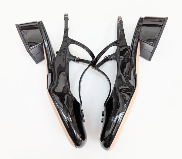 Miu Miu Black Patent Logo T-Strap Block Heels Slingback New in Box