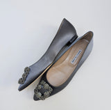 Manolo Blahnik Hangisi Rhinestone Buckle Flats in Slate Blue Satin Strass Shoes New in Box