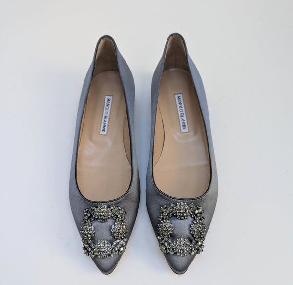 Manolo Blahnik Hangisi Rhinestone Buckle Flats in Slate Blue Satin Strass Shoes New in Box