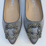 Manolo Blahnik Hangisi Rhinestone Buckle Flats in Slate Blue Satin Strass Shoes New in Box