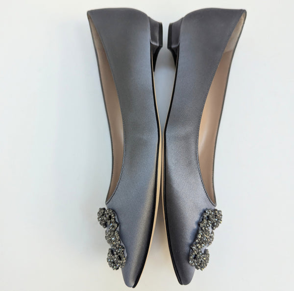 Manolo Blahnik Hangisi Rhinestone Buckle Flats in Slate Blue Satin Strass Shoes New in Box