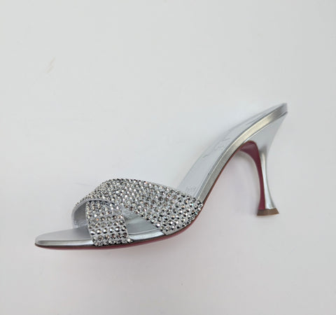 Christian Louboutin Mariza Is Back 85 Silver Strass Slides New in Box Sandals