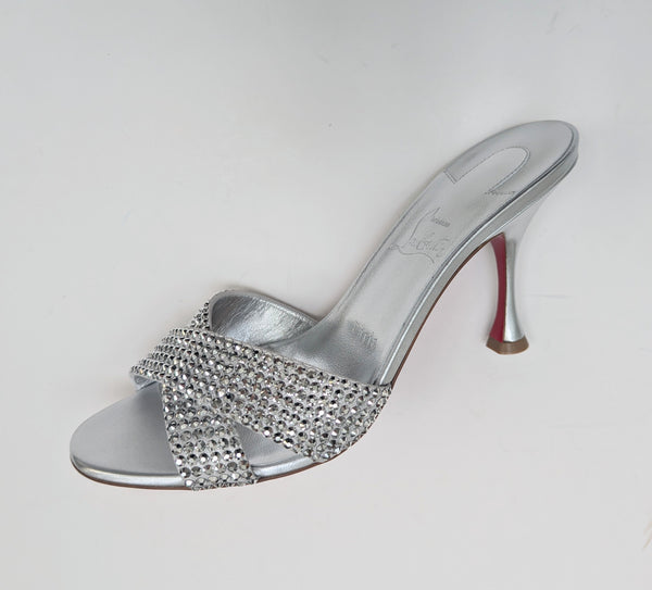 Christian Louboutin Mariza Is Back 85 Silver Strass Slides New in Box Sandals