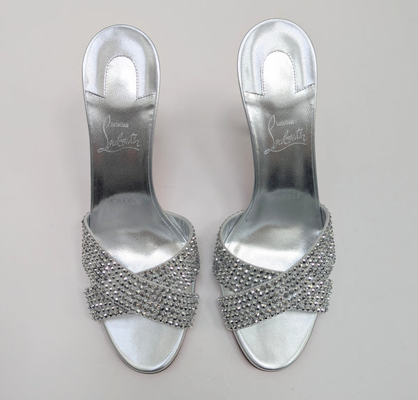 Christian Louboutin Mariza Is Back 85 Silver Strass Slides New in Box Sandals
