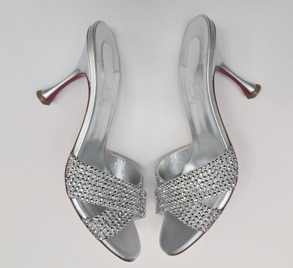 Christian Louboutin Mariza Is Back 85 Silver Strass Slides New in Box Sandals