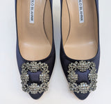 Manolo Blahnik Hangisi 70 Heels in Navy Satin with Dark Crystal Buckle New in Box Strass Shoes