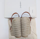 Saint Laurent Ambra Brown Leather Tribute Wedge Espadrille Sandals 135 New in Box Authentic