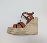 Saint Laurent Ambra Brown Leather Tribute Wedge Espadrille Sandals 135 New in Box Authentic