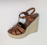 Saint Laurent Ambra Brown Leather Tribute Wedge Espadrille Sandals 135 New in Box Authentic