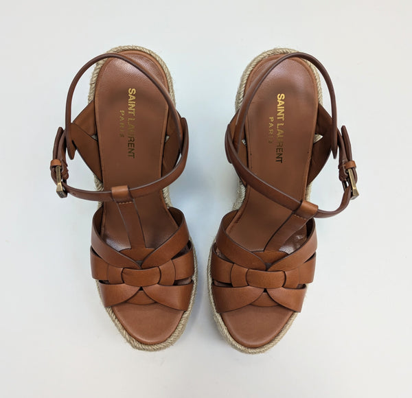 Saint Laurent Ambra Brown Leather Tribute Wedge Espadrille Sandals 135 New in Box Authentic