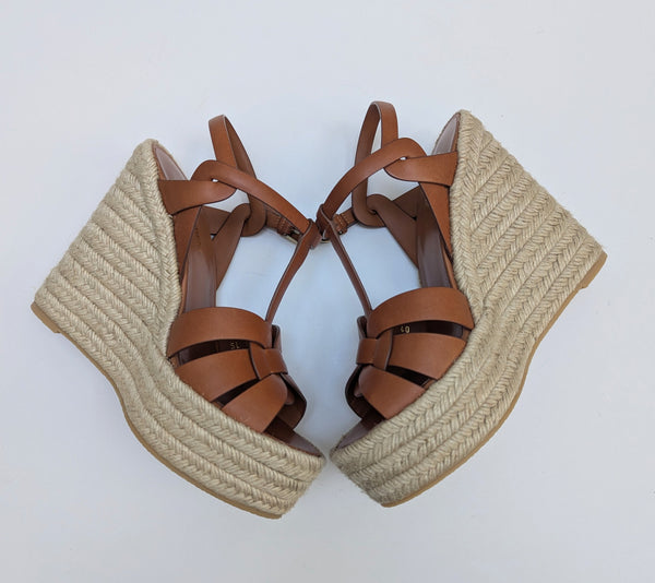 Saint Laurent Ambra Brown Leather Tribute Wedge Espadrille Sandals 135 New in Box Authentic