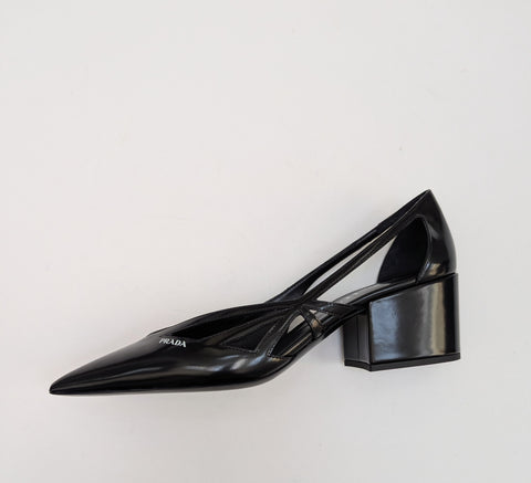 Prada Cutout Brushed Leather Pointy Toe Heels in Black New in Box