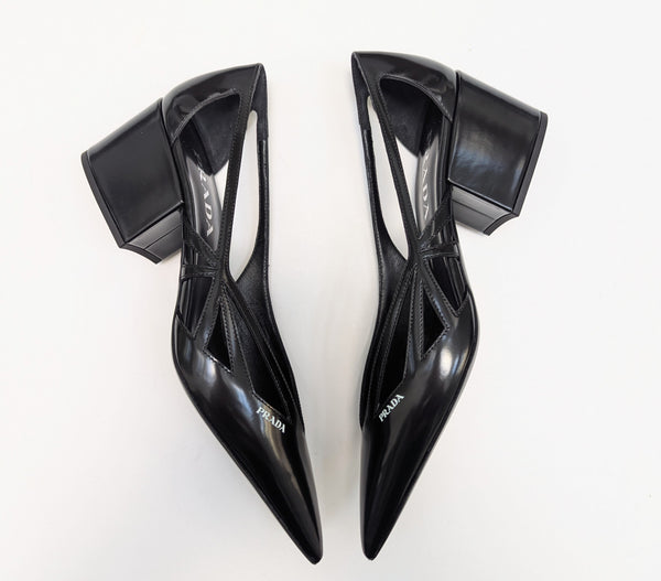 Prada Cutout Brushed Leather Pointy Toe Heels in Black New in Box