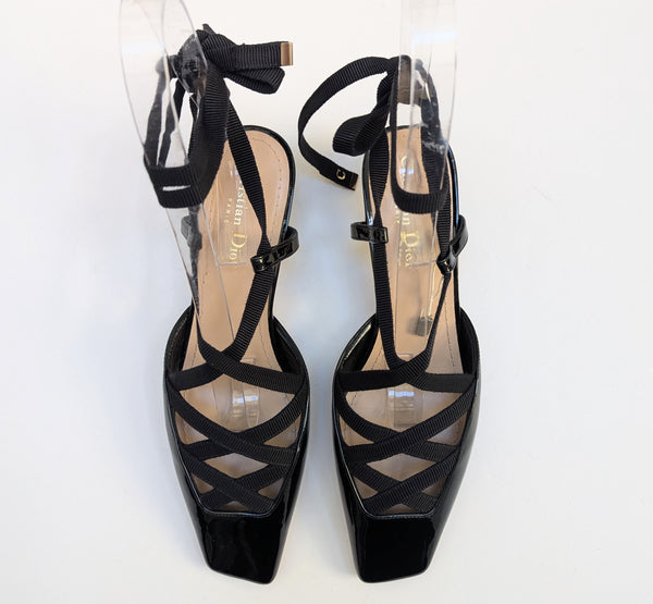Dior D-Envol Black Patent and Satin Ankle Tie Heels New in Box