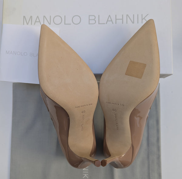 Manolo Blahnik Campari 105 Beige Nude Patent Mary Jane Heels New in Box