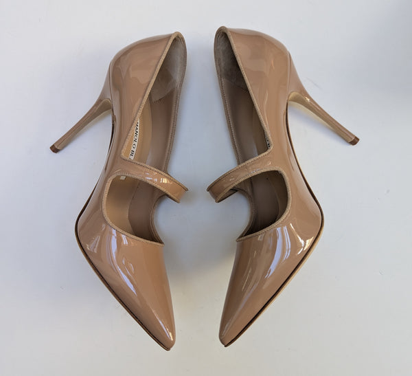 Manolo Blahnik Campari 105 Beige Nude Patent Mary Jane Heels New in Box