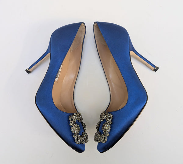 Manolo Blahnik Bright Blue Satin Hangisi 105 Rhinestone Buckle Heels