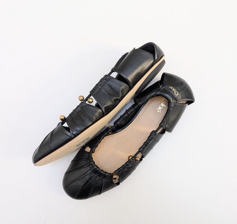 Chloé Luna Black Leather Flats with Gold Detail New in Box Shoes