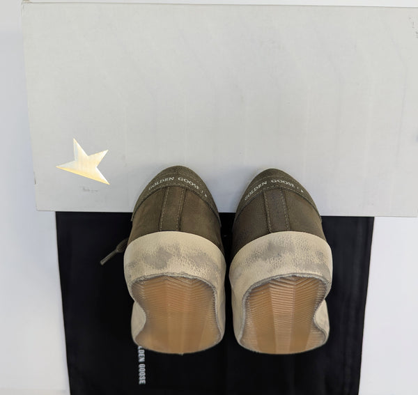Golden Goose Super-Star Dark Green Distressed Suede-Trimmed Full-Grain Leather Sneakers New in Box