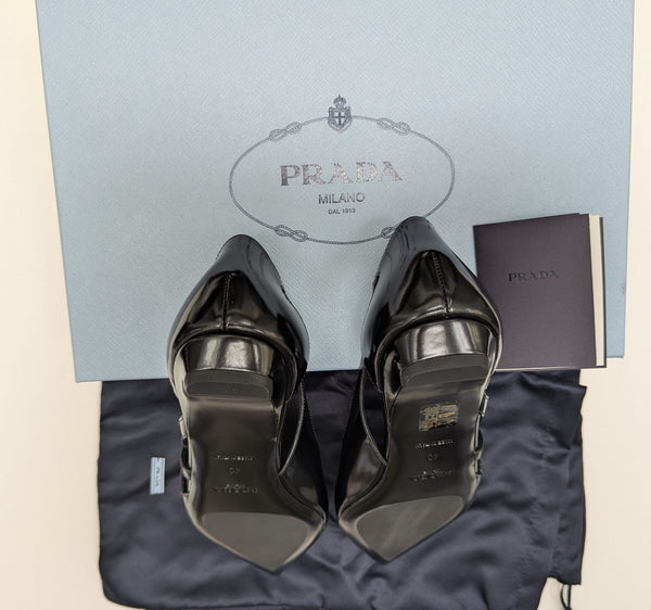 Prada Cutout Black Glazed Leather Pointy Flats New in Box Shoes