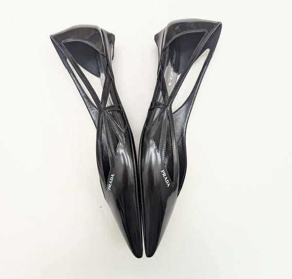 Prada Cutout Black Glazed Leather Pointy Flats New in Box Shoes