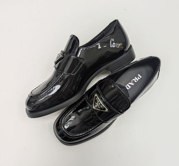 Prada New in Box Black Patent Leather Logo Loafers