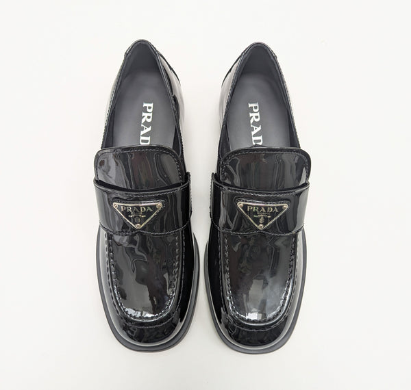 Prada New in Box Black Patent Leather Logo Loafers