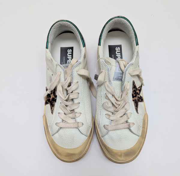 Golden Goose Super-Star Penstar Classic New in Box Calf Leopard Star with Metallic Green Accent