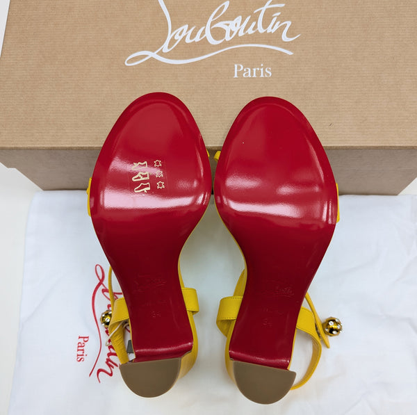 Christian Louboutin Atmospheria 85 Sunflower Yellow Leather Heels with Rhinestone Ball Detail New in Box Sandals