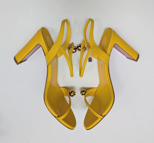 Christian Louboutin Atmospheria 85 Sunflower Yellow Leather Heels with Rhinestone Ball Detail New in Box Sandals