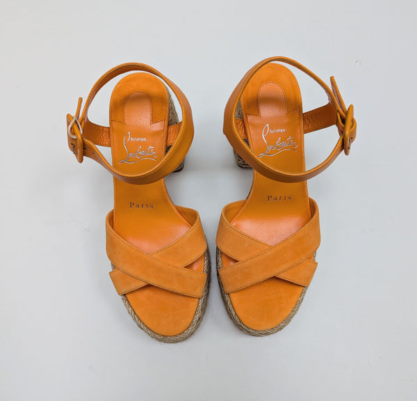 Christian Louboutin Calakala 70 Platform Espadrille Sandals New in Box Orange Suede Heels