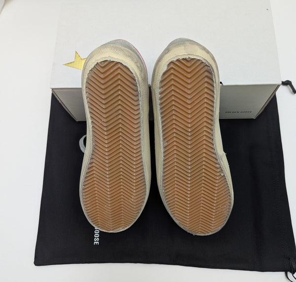Golden Goose SuperStar Distressed Leather Sneakers with Pink Heel Tab New in Box Sale