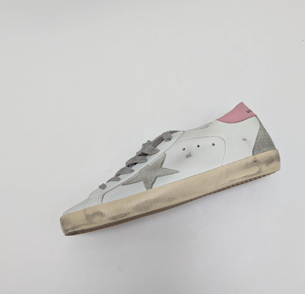Golden Goose SuperStar Distressed Leather Sneakers with Pink Heel Tab New in Box Sale