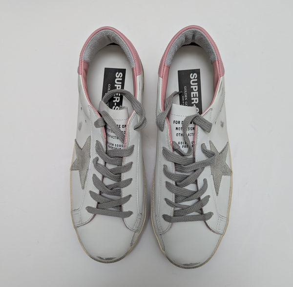 Golden Goose SuperStar Distressed Leather Sneakers with Pink Heel Tab New in Box Sale