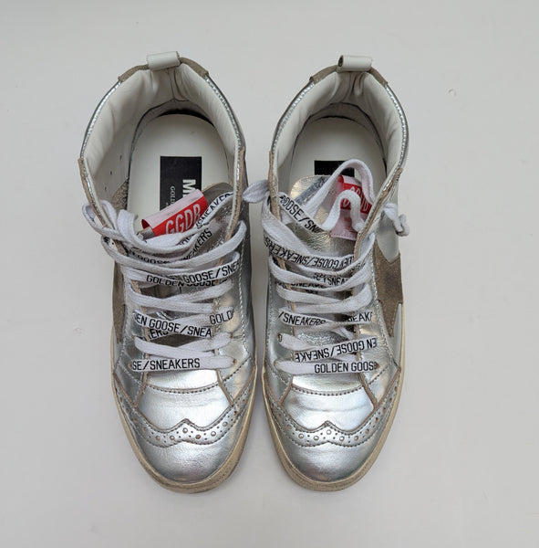 Golden Goose Mid Star Classic Distressed Suede Trimmed Metallic Leather Sneakers