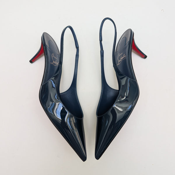 Christian Louboutin Miss Z Last Night Navy Blue Patent Slingback Heels 55 New in Box
