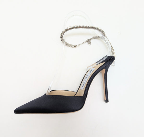 Jimmy Choo Navy Satin Saeda 100 Rhinestone Ankle Strap Evening Shoes New in Box Heels Sale