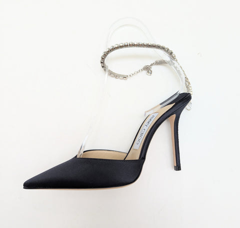 Jimmy Choo Navy Satin Saeda 100 Rhinestone Ankle Strap Evening Shoes New in Box Heels Sale